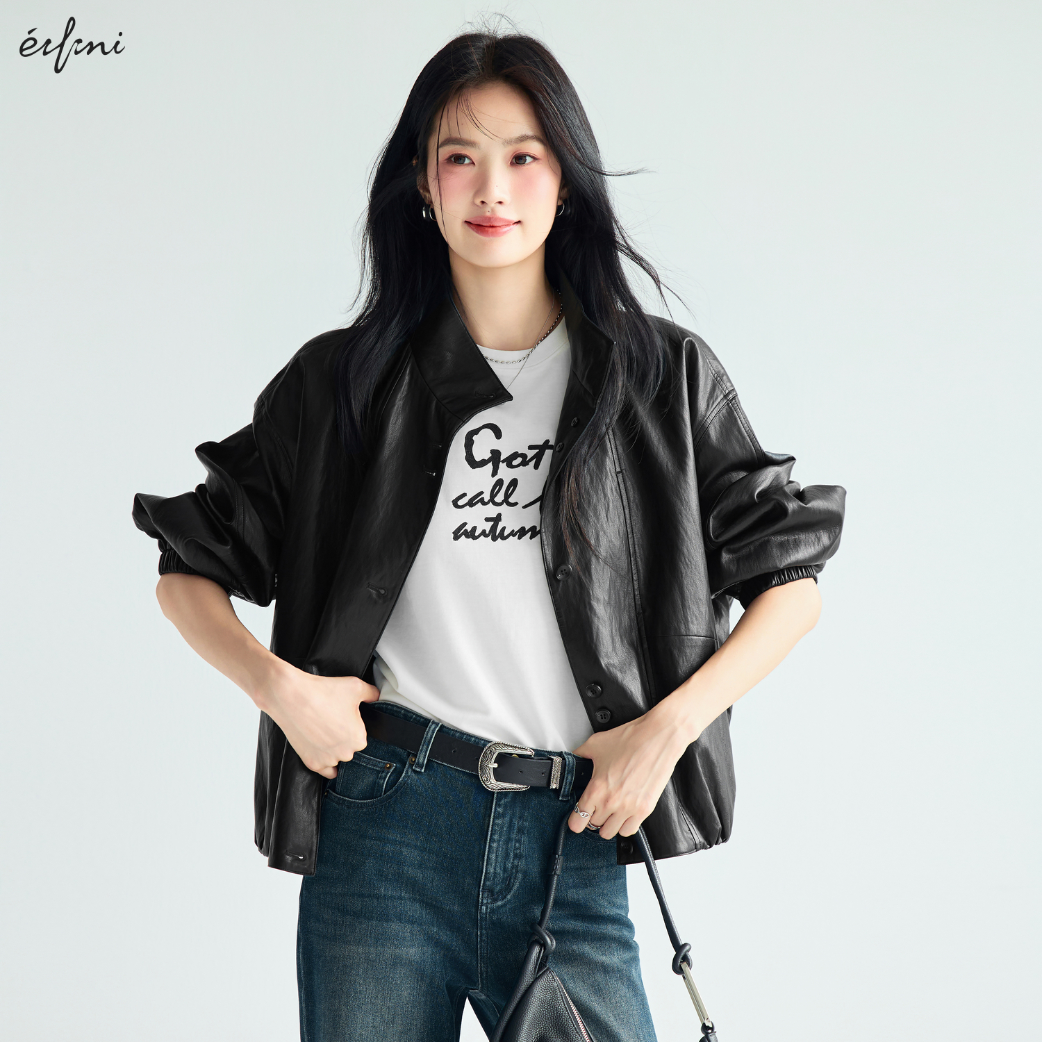 伊芙丽潮流机车气质抽绳皮衣女2025秋季新款百搭休闲设计感外套女