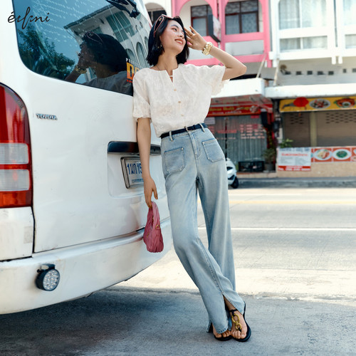 伊芙丽outlets店法式暗纹绣花泡泡袖短袖衬衫夏白色衬衣上衣女装