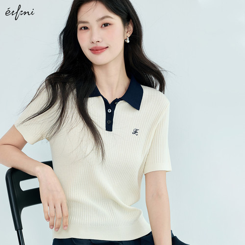 伊芙丽outlets店POLO领撞色绣花百搭薄款天蚕丝套头毛衫针织衫女