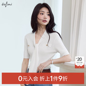 0元 入会1件9折 伊芙丽outlets店淡人曲珠纱飘带领短袖 针织衫 女