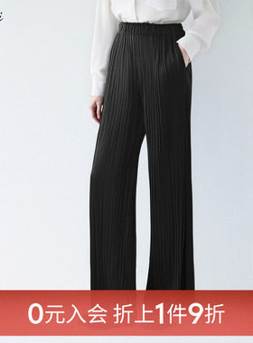 伊芙丽outlets店黑色褶皱休闲裤24春夏百褶裤中高腰直筒长裤女裤