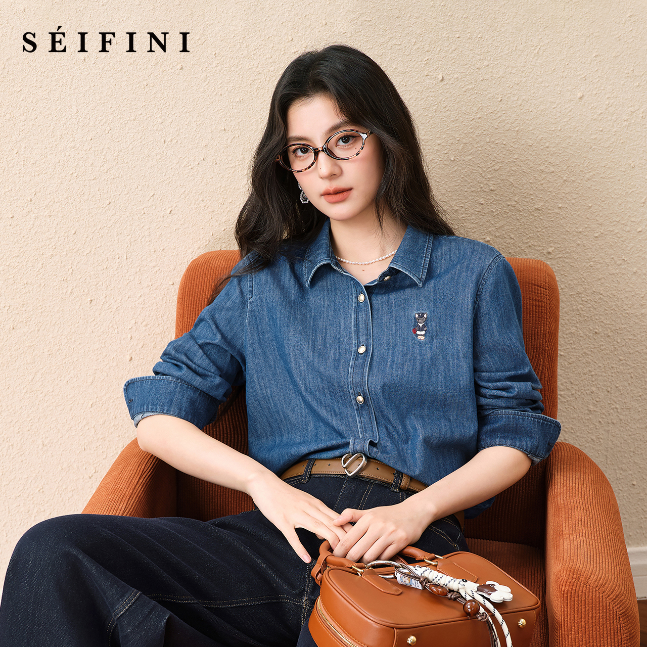 诗凡黎纯棉牛津纺猫咪刺绣牛仔衬衫2025秋新款通勤显瘦上衣外套女