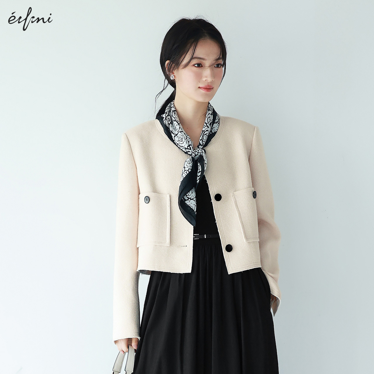 伊芙丽outlets店羊毛混纺经典小香风袖口毛边平纹短外套春夏女