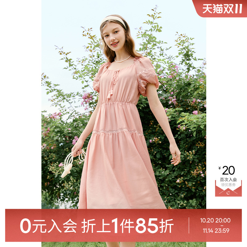 诗凡黎醋酸粉色蕾丝花边连衣裙波西米亚风长裙女伊芙丽outlets店