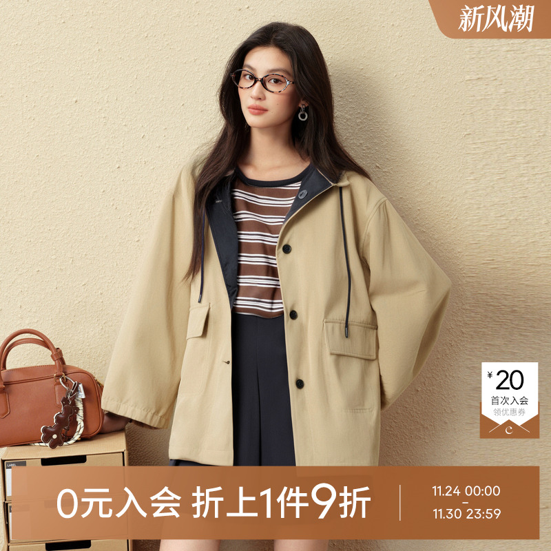 诗凡黎Miu系一手长连帽风衣2025秋新款巴恩风百搭宽松派克外套女