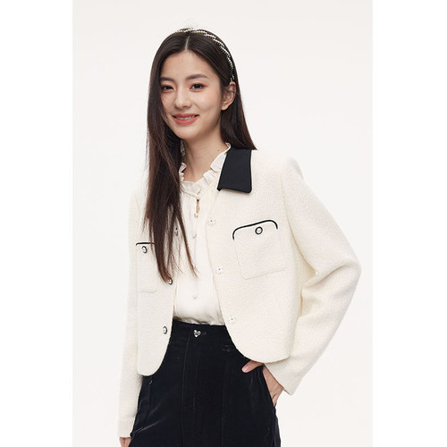 诗凡黎黑白撞色法式小香风短外套春秋绵羊毛上衣伊芙丽outlets店