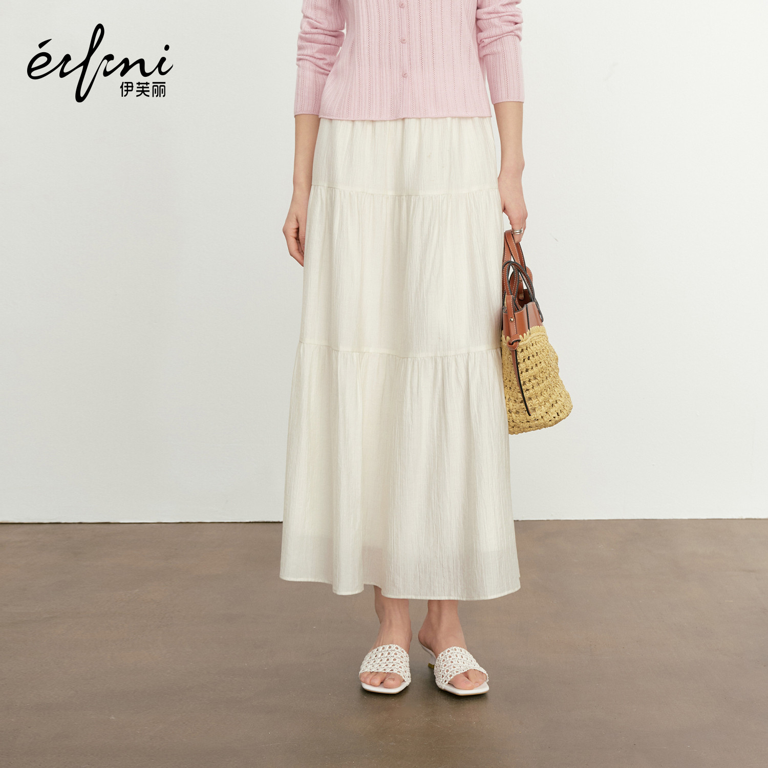 伊芙丽outlets店淡人法式天丝半身裙白色半裙女裙24夏长裙蛋糕裙