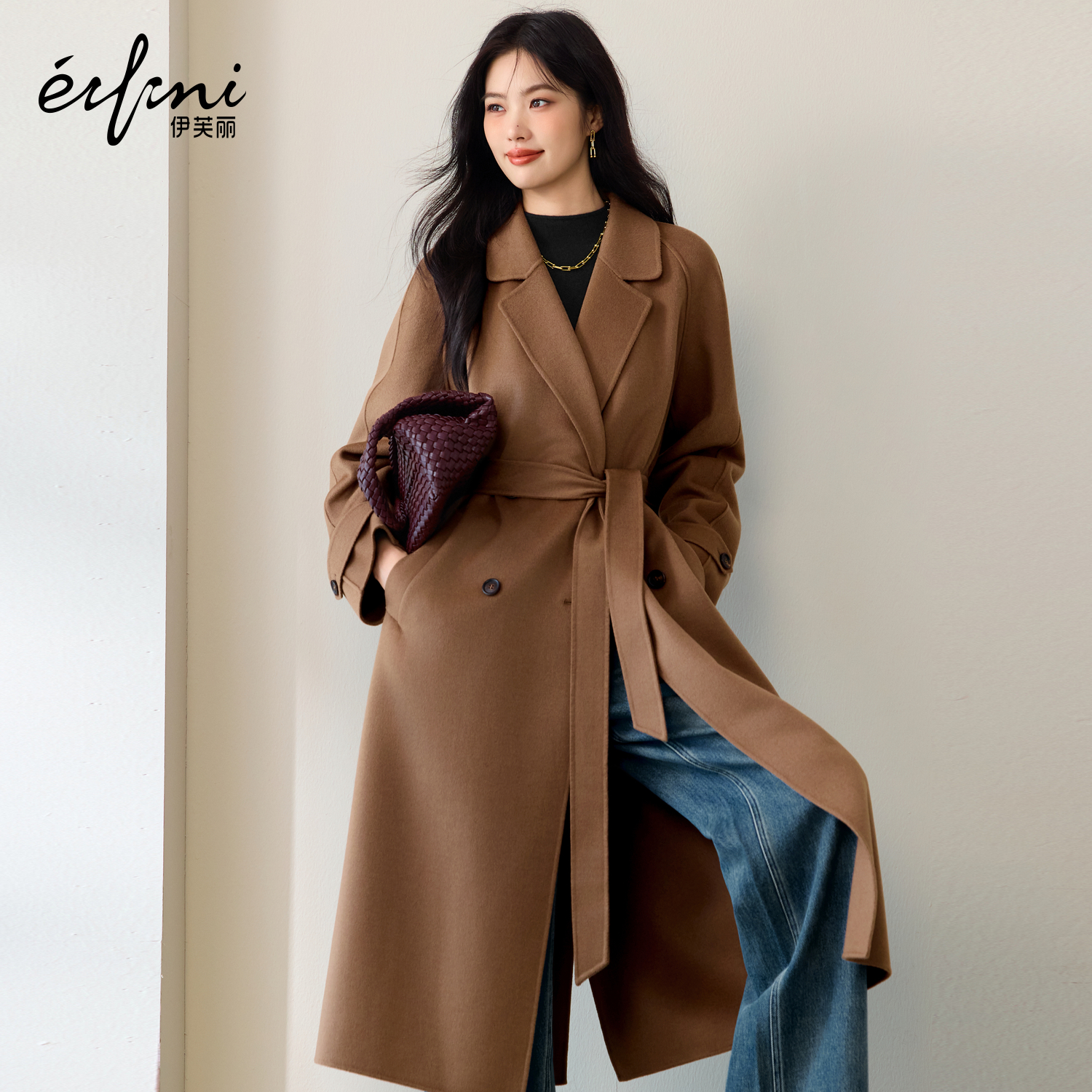 伊芙丽高品质双排门襟微阔版型设计毛呢外套2025秋季新款休闲外套