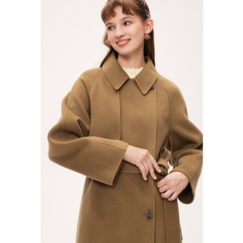 诗凡黎风衣式卡其毛呢外套2024秋冬赫本风小个子羊毛双面呢大衣女