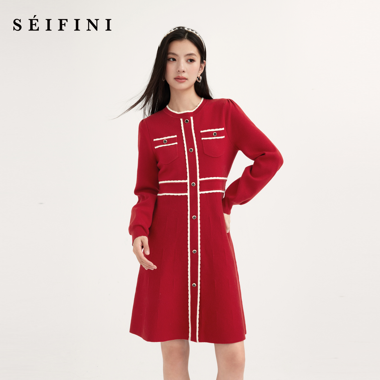 【商场同款】诗凡黎圣诞红圆领长袖连衣裙2025年春新款3EC290331