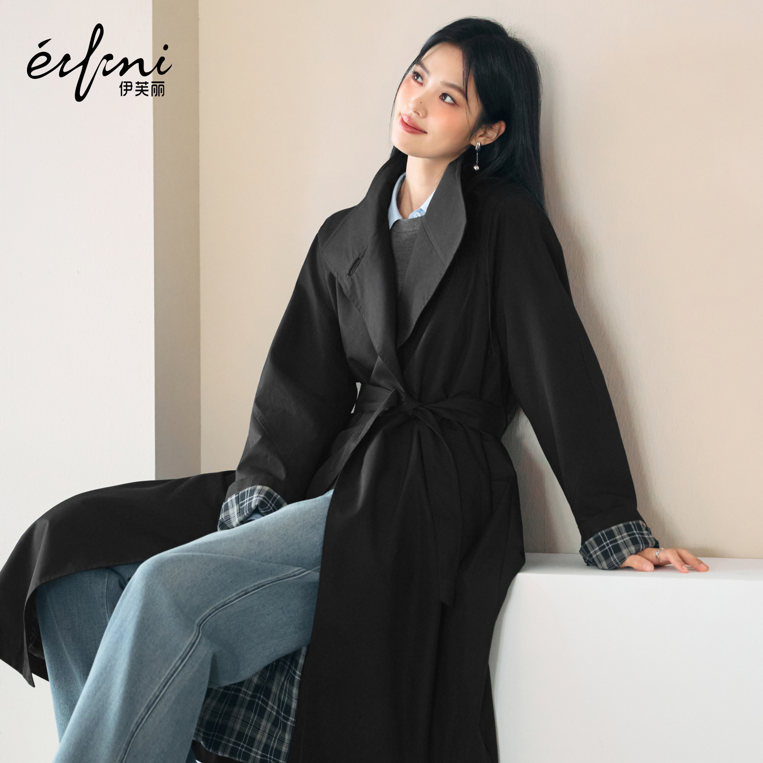 伊芙丽格纹撞色袖口设计感立领风衣女2025秋季新款赫本风通勤外套