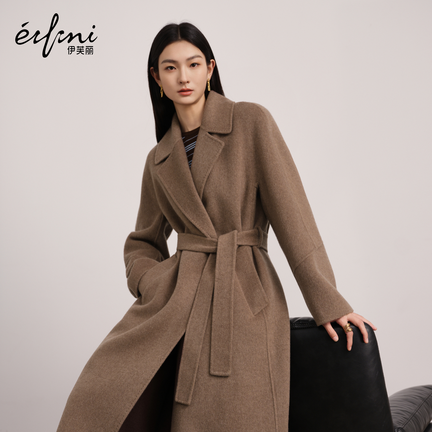 蒋欣代言伊芙丽大翻领浴袍式羊毛羊绒高级感毛呢外套2025秋季新款