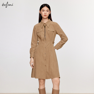 新款 伊芙丽浅棕色高级感连衣裙女2023冬装 1EA193091 商场同款