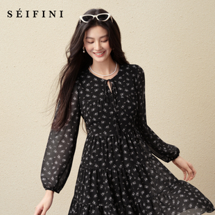 法式 诗凡黎假日风碎花收腰雪纺连衣裙25秋新款 浪漫显瘦系带蓬蓬裙