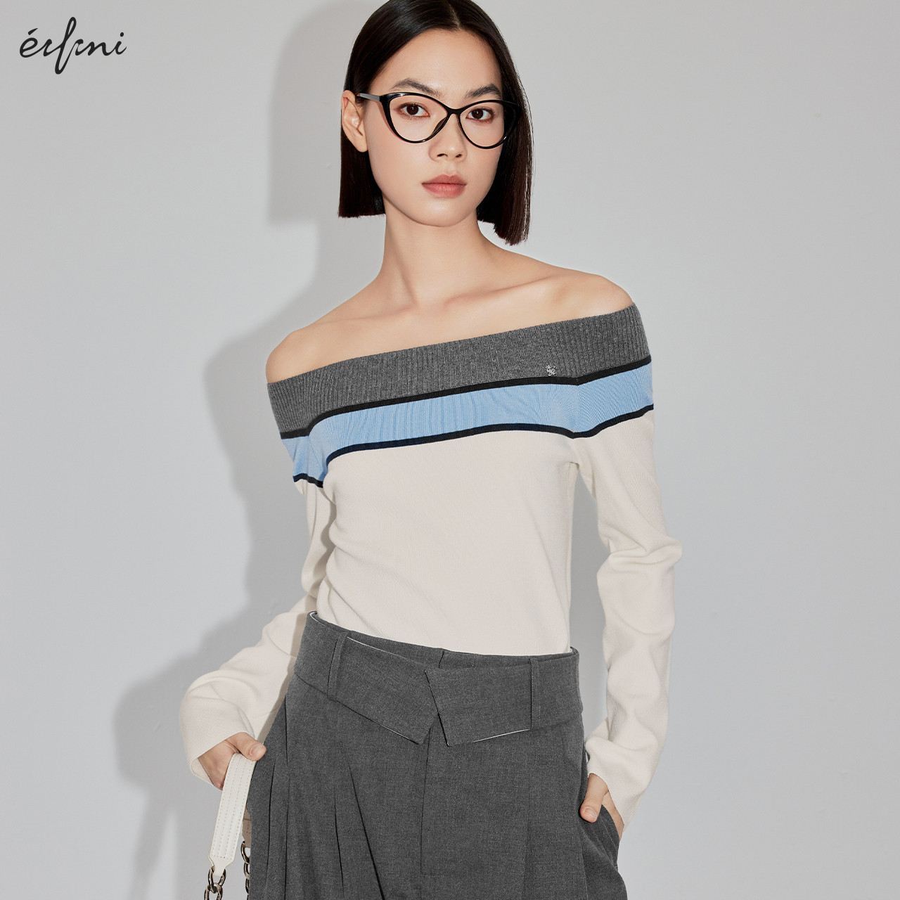 【商场同款】伊芙丽醋酸莱赛尔撞色一字肩针织衫2024春1F3130141G