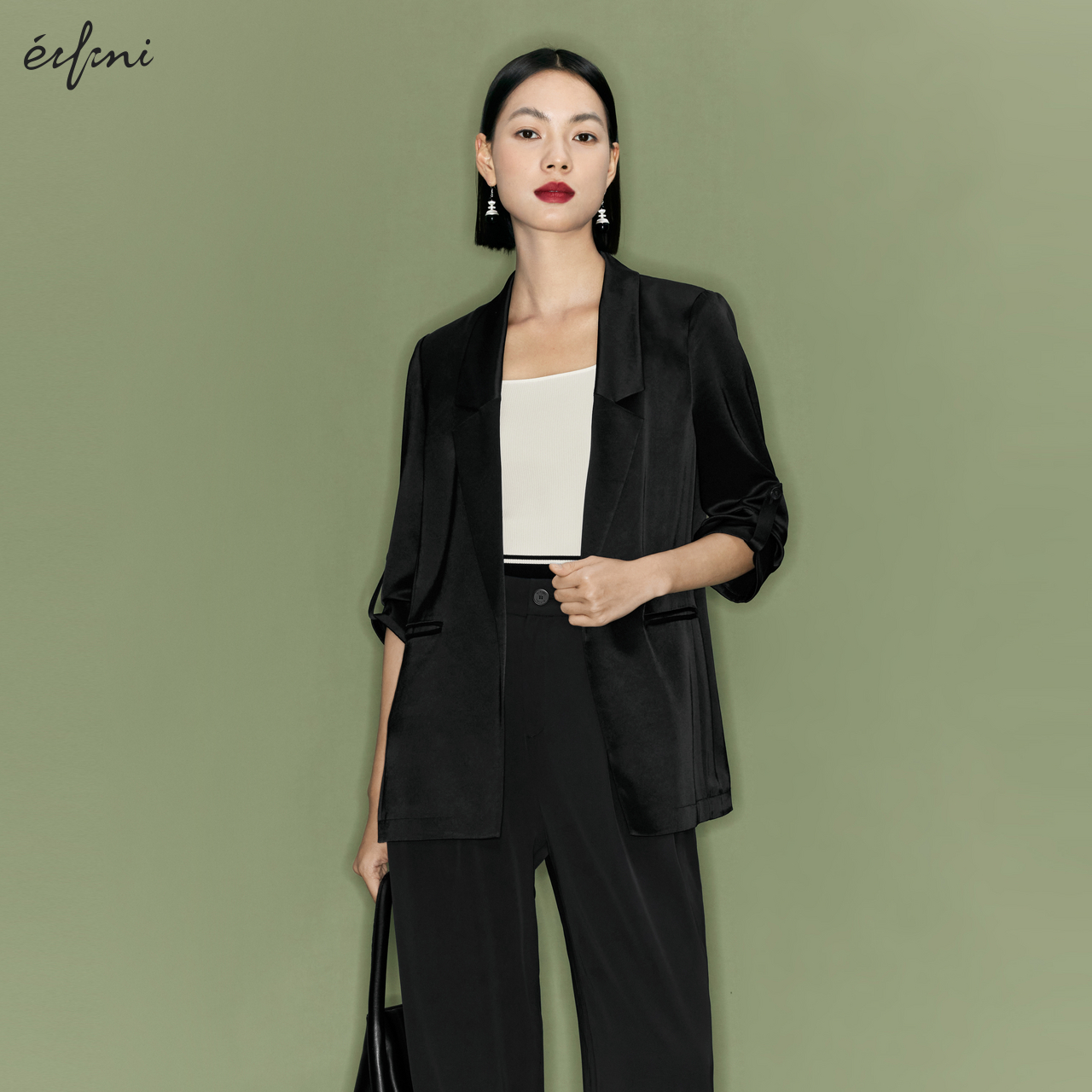 伊芙丽outlets店高智醋酸缎面黑色西装外套春夏西服中长袖无扣女