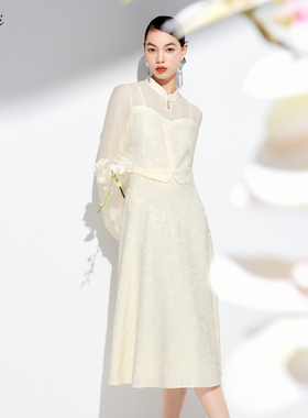 伊芙丽outlets店假两件淡人新中式国风白色旗袍连衣裙长裙春夏女