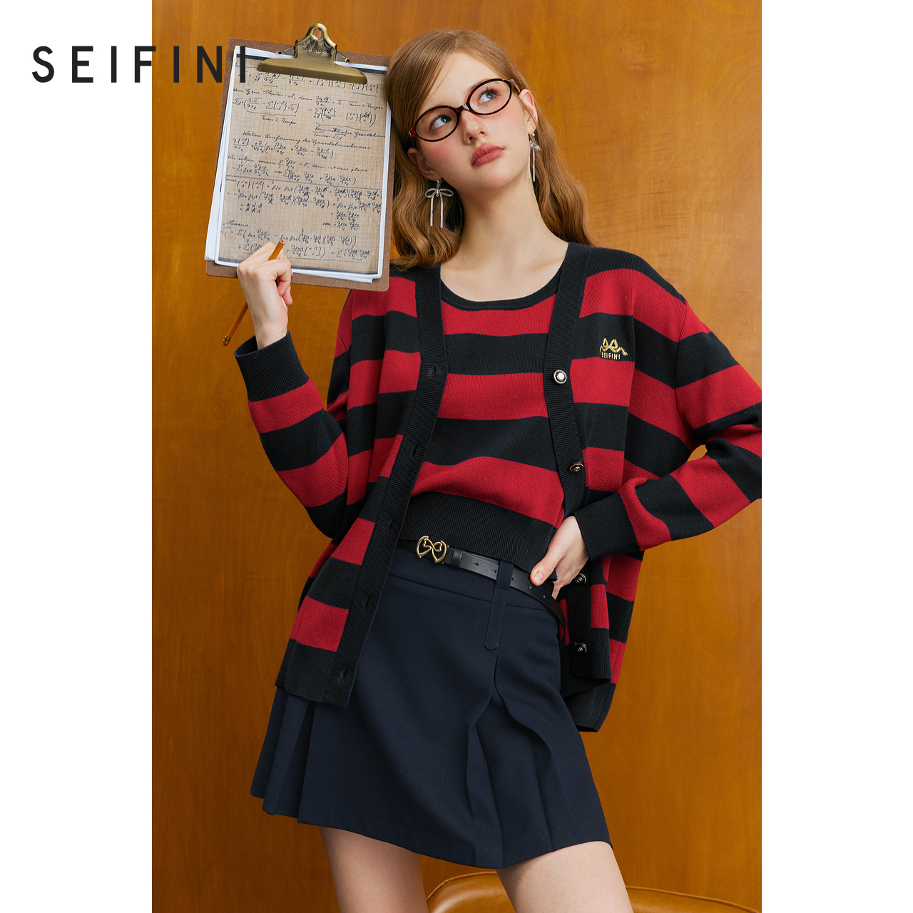 【商场同款】诗凡黎撞色条纹针织衫2024秋新款针织上衣3FA132651