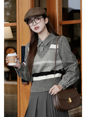 诗凡黎学院风格雷系假两件衬衣秋长袖衬衫上衣女伊芙丽outlets店