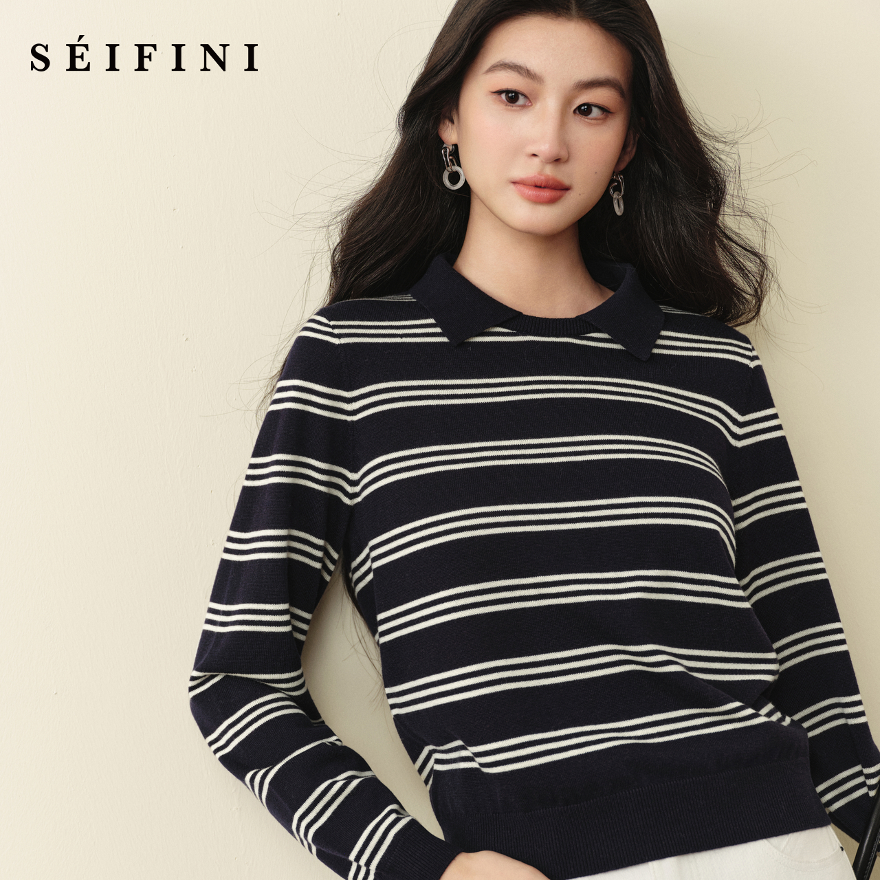 诗凡黎撞色条纹Polo领针织衫2025秋新款老钱高智正肩显瘦长袖上衣