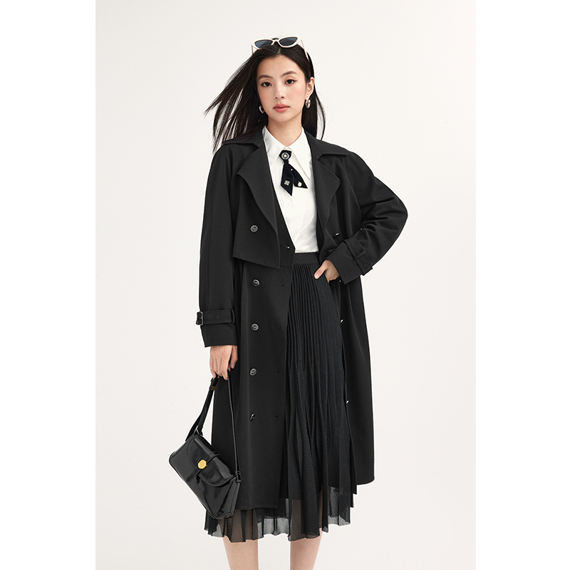 【商场同款】诗凡黎双排扣中长风衣2024春新款黑色外套3F2260091