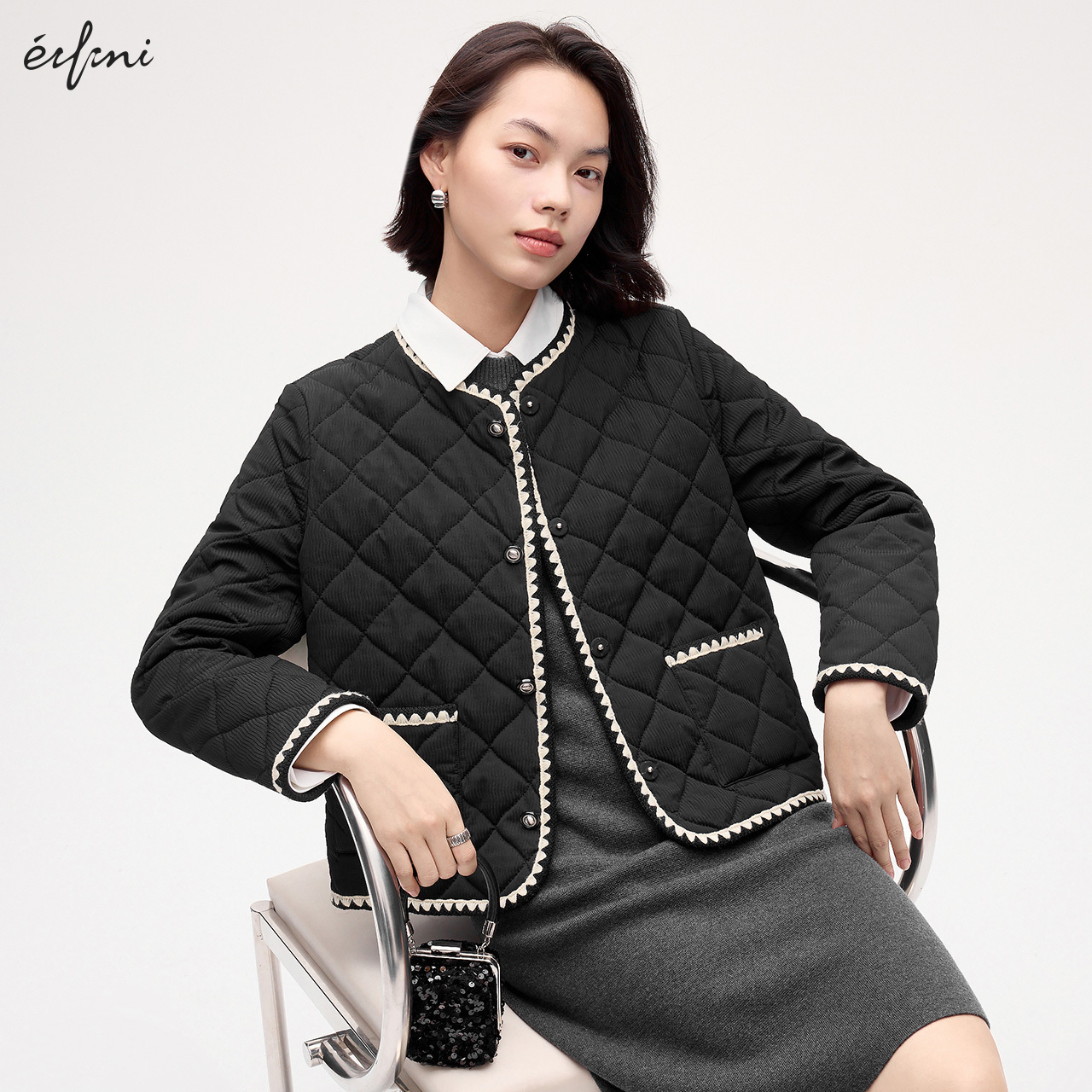 伊芙丽全羊绒内胆轻奢小香风设计感衬衫棉服女外套2024秋季新款