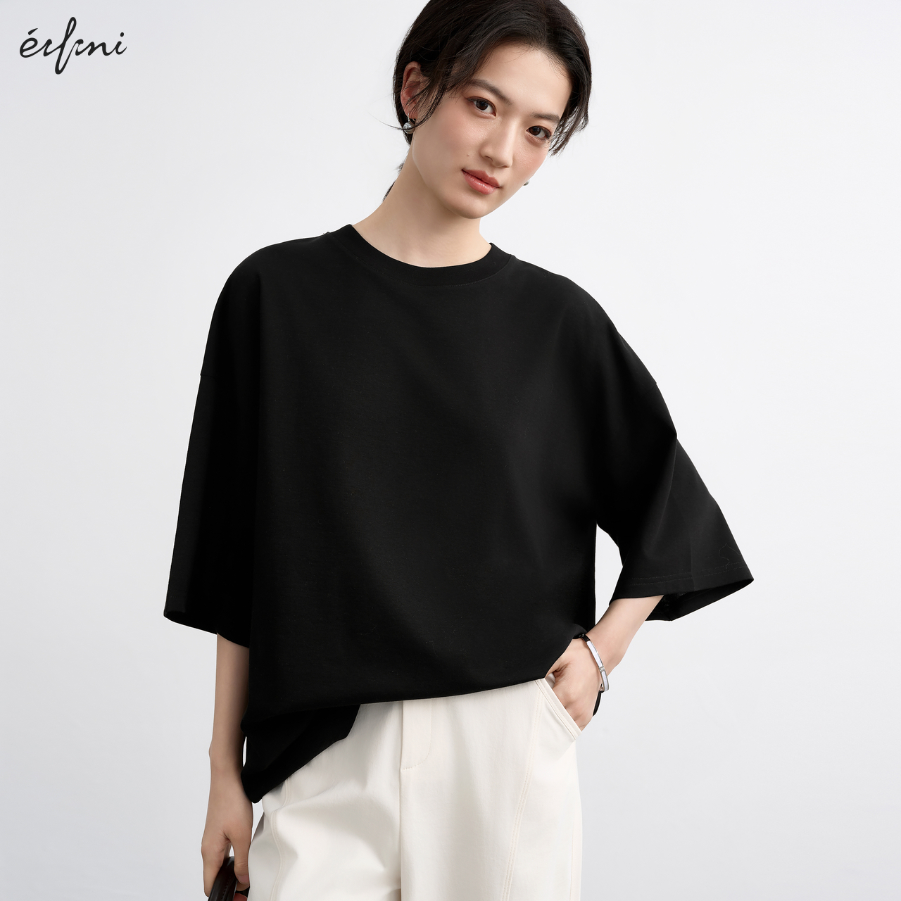 伊芙丽高级质感真丝廓形醋酸松弛感T恤2025夏季新款百搭休闲上衣