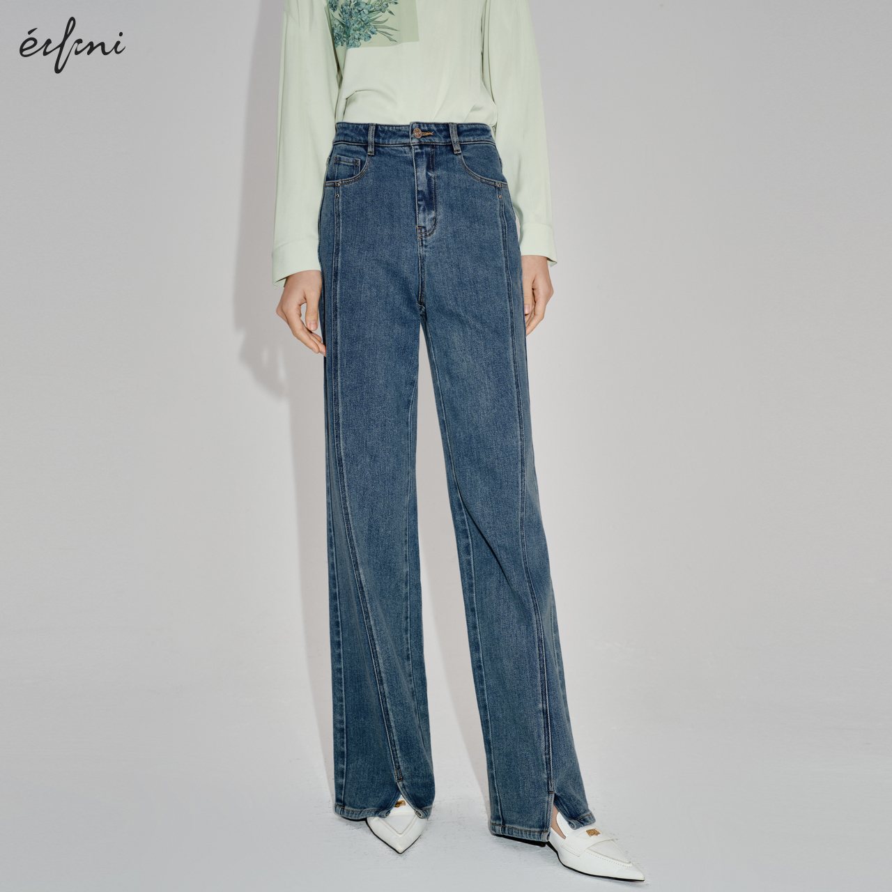 【商场同款】伊芙丽设计感开衩牛仔裤2024春装新款裤子1F2150141