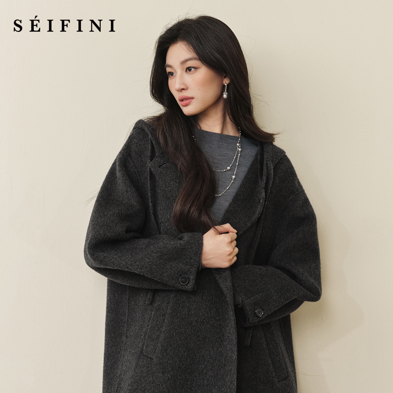 诗凡黎羊毛骆驼绒休闲连帽大衣2025冬新款宽松高级感双面呢外套女