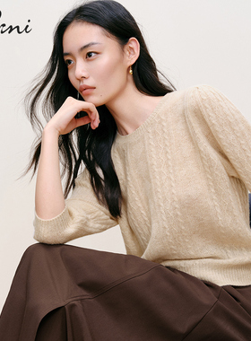 【纯羊绒】伊芙丽outlets店米色绞花针织衫春秋中长袖套头毛衫女