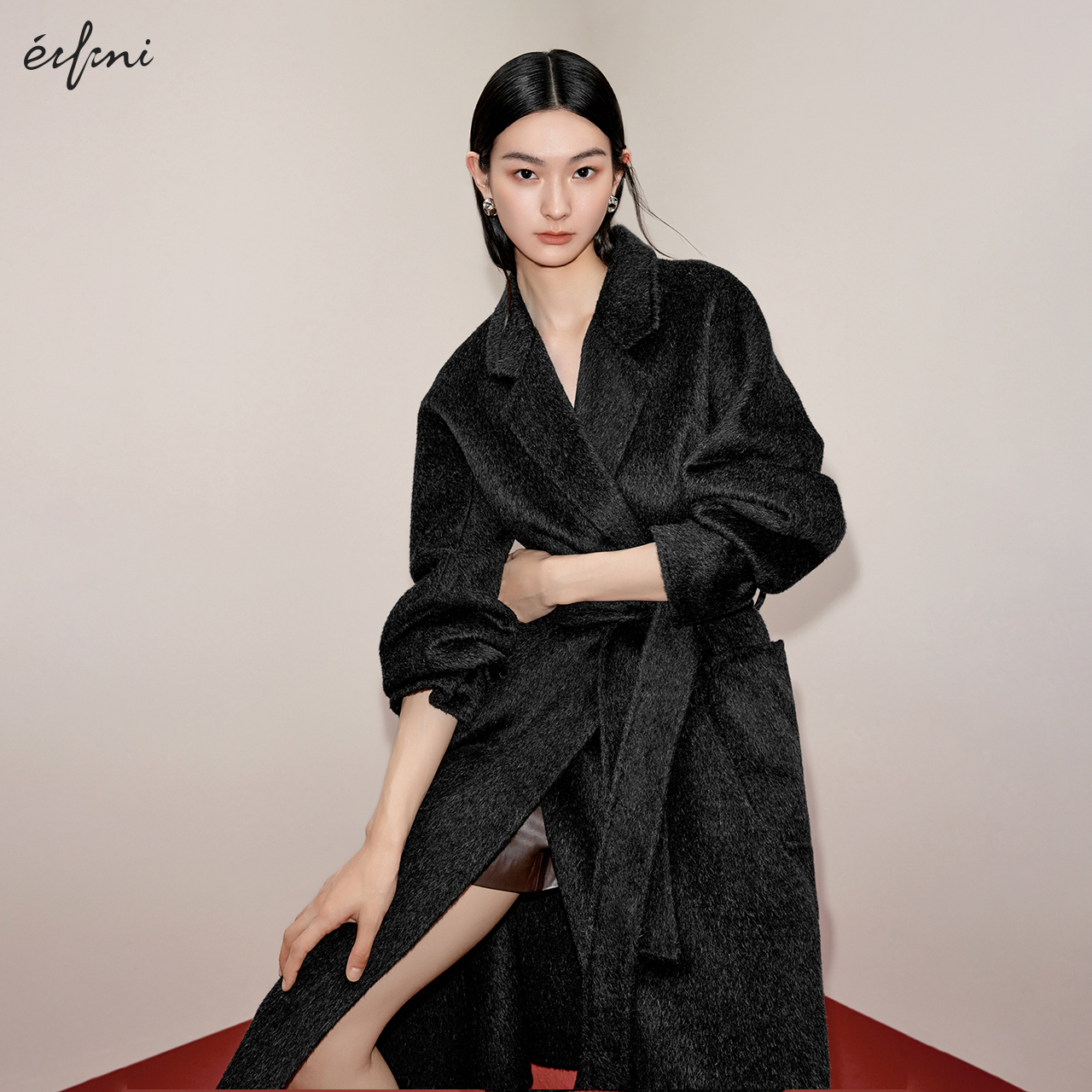 伊芙丽outlets店贴袋装饰经典腰带收腰长款双面呢大衣毛呢外套女