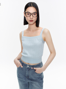 伊芙丽outlets店蓝色绞花背心毛针织衫春夏基础打底内搭吊带女