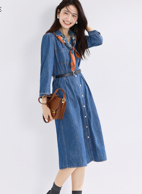 伊芙丽outlets店V领醋酸棉美式复古蓝色牛仔连衣裙春秋长袖长裙女