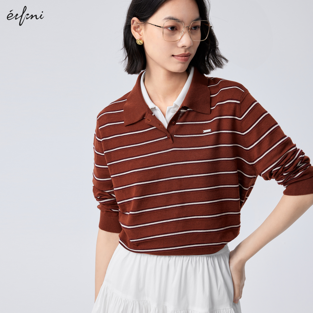 伊芙丽outlets店绵羊毛POLO衫条纹红色针织套头衫春秋长袖上衣女