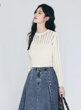 伊芙丽outlets店淡人白色镂空毛针织衫春秋圆领套头毛衫上衣女