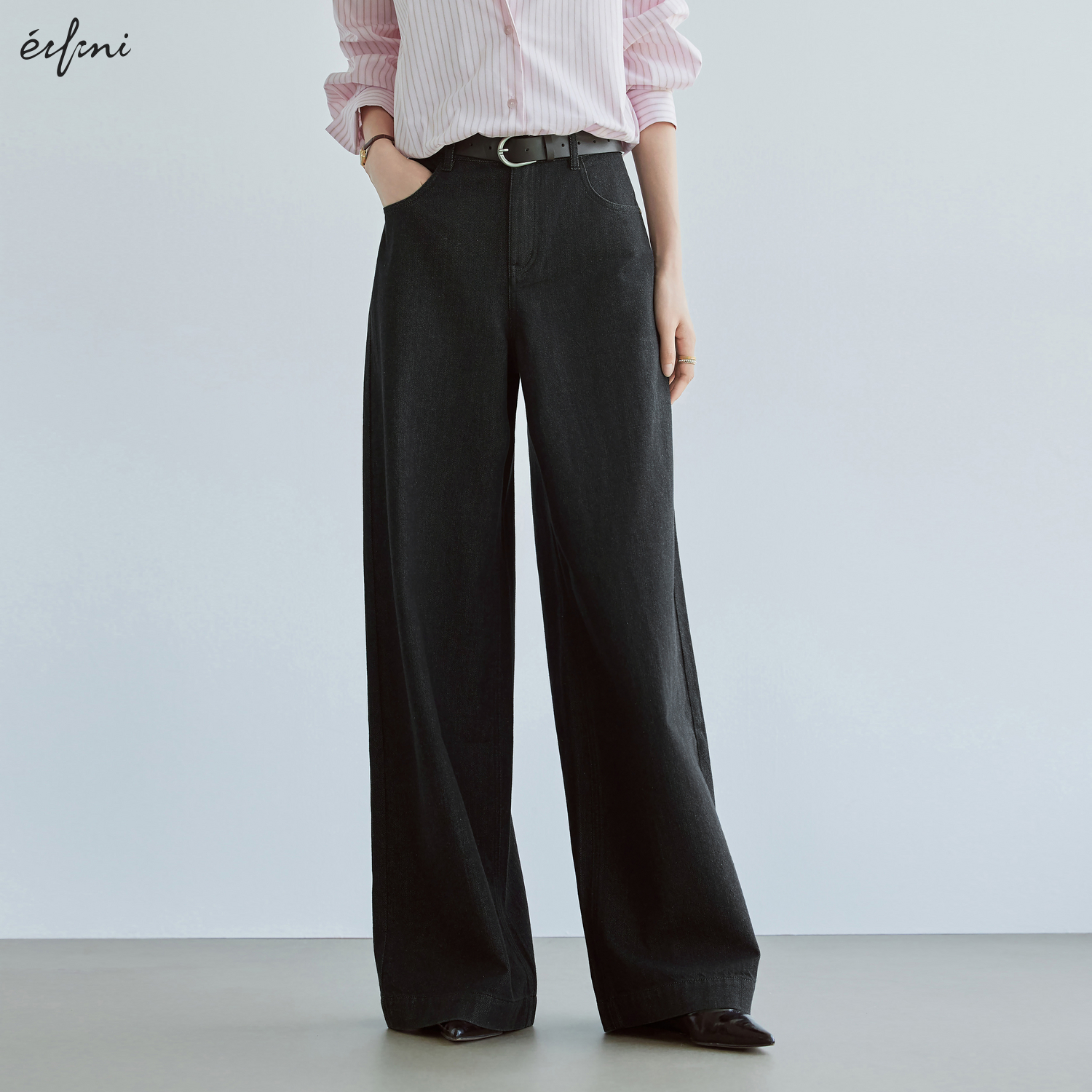 伊芙丽舒适不掉色裤子无弹牛仔宽松长阔腿裤2025夏装新款