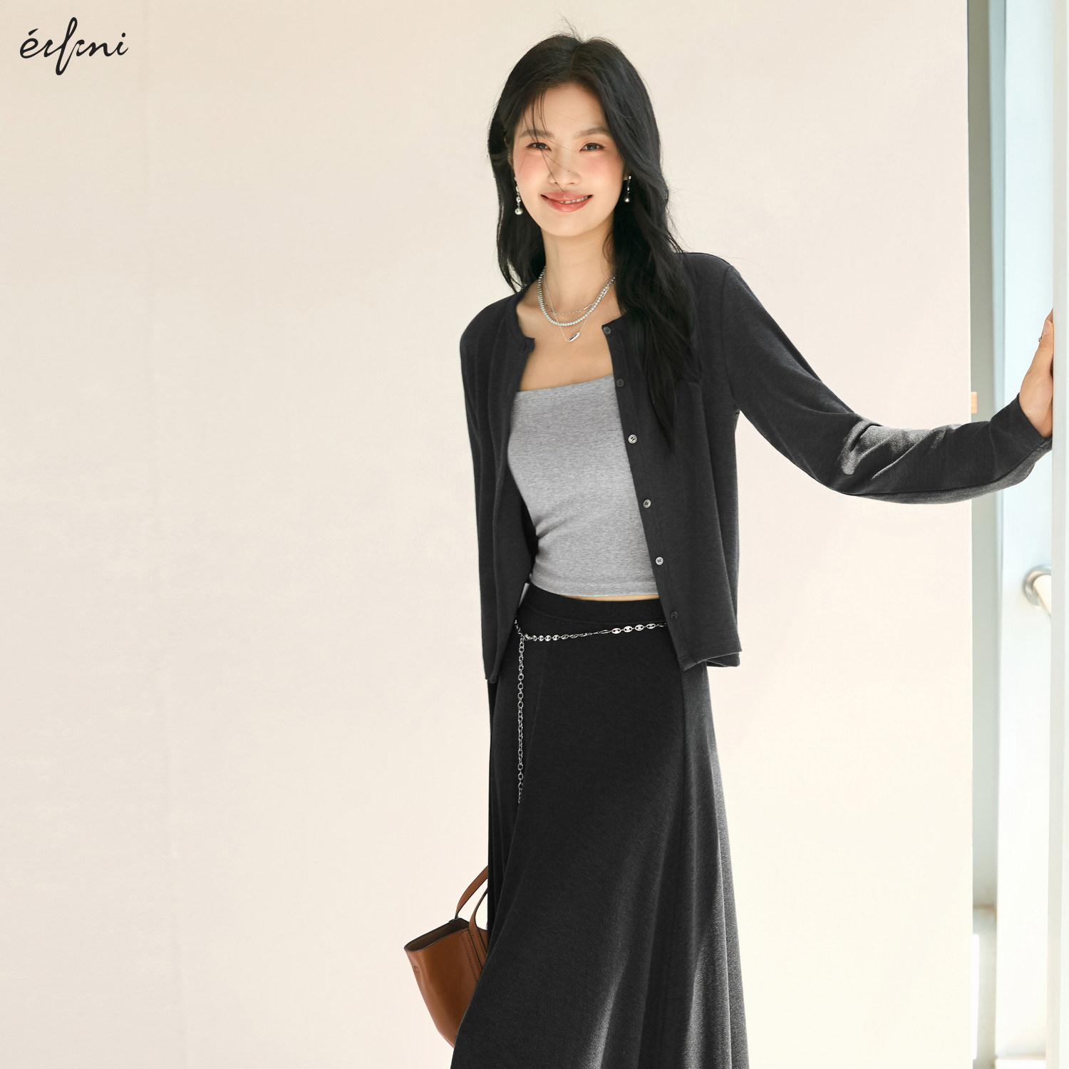 伊芙丽outlets店柔软针织简约长袖开衫T恤大摆鱼尾半裙合集春秋女