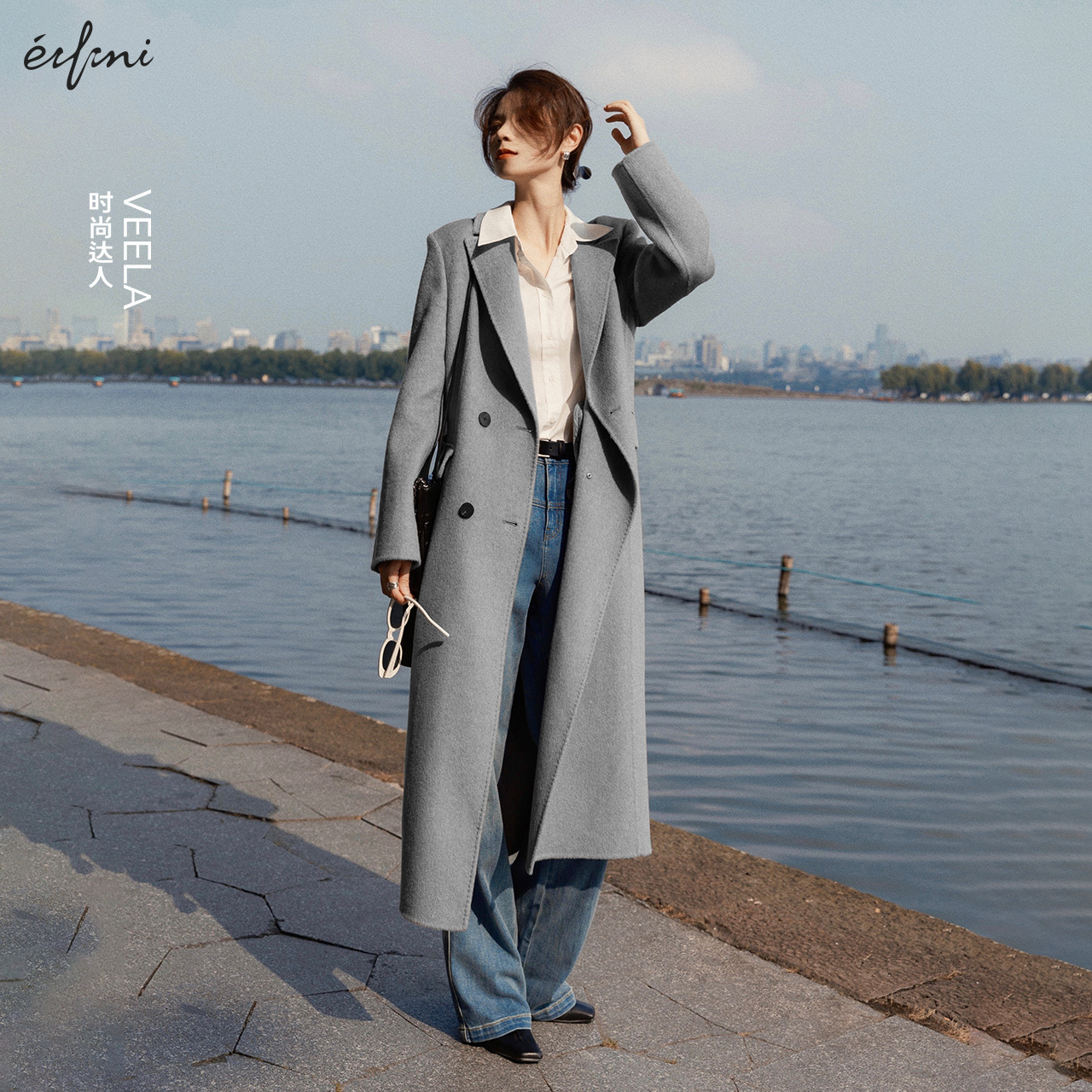 【商场同款】伊芙丽灰色气质驼绒真丝羊毛大衣外套冬季1EA270231