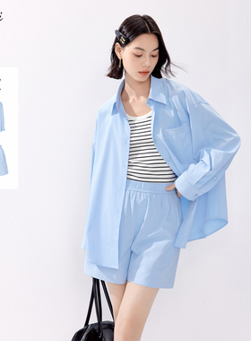 伊芙丽outlets店蓝色宽松大廓形衬衫短裤合集春夏oversize衬衣女
