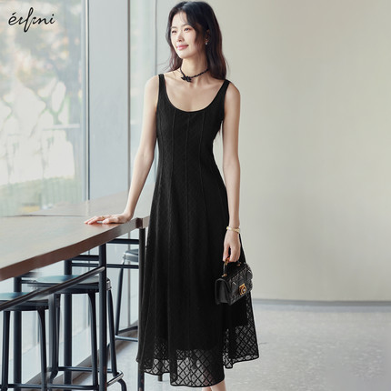 【天鹅裙】伊芙丽outlets店U领蕾丝气质显瘦法式黑色背心连衣裙女