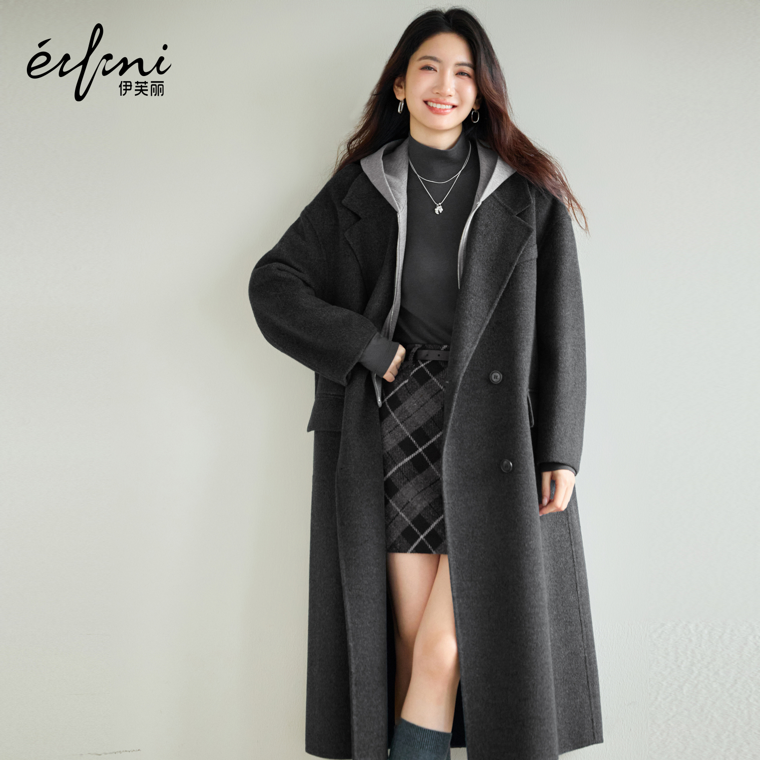 伊芙丽高质羊毛羊绒两穿式可脱卸连帽大衣毛呢外套2025冬季新款