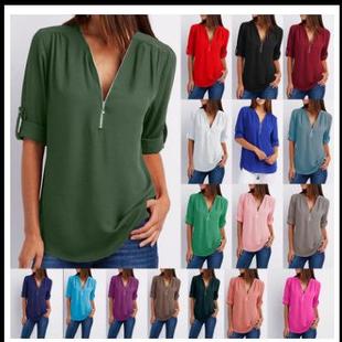 size womens loose long roll sleeve plus zipper shirt