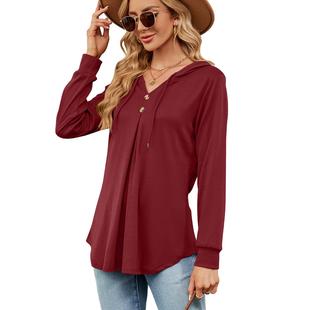 loose long sleeved button hooded for women sweatshirt