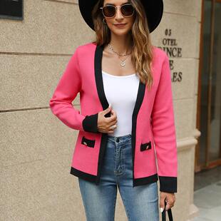 contrast neck color autumn casual knitted cardigan