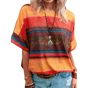 Gradient Contrast Tops Shirt Round Striped Women Short