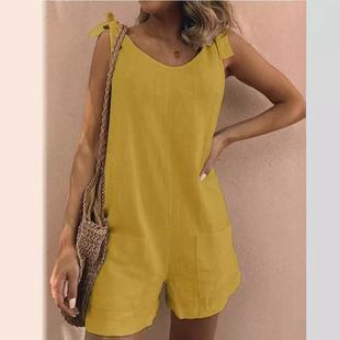 Color Pocket Linen Patch and Fashion Solid Jumpsuit Cotton