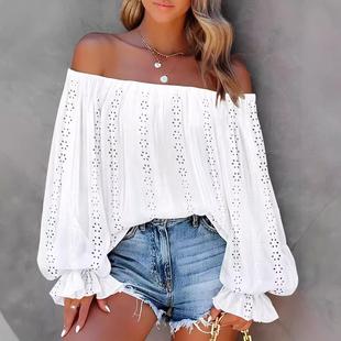 shoulder and with sleeves Tops lantern chiffon off shirt