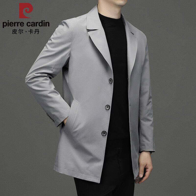 皮尔卡丹春季新款男士风衣中长款商务休闲西装领薄款外套春秋上衣
