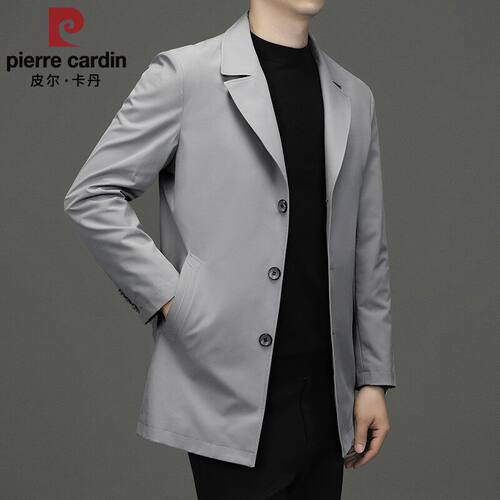 皮尔卡丹春季新款男士风衣中长款商务休闲西装领薄款外套春秋上衣