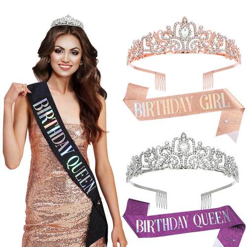 礼仪带生日头饰王冠Birthday Girl绶带欧美时尚水晶皇冠腰带定制